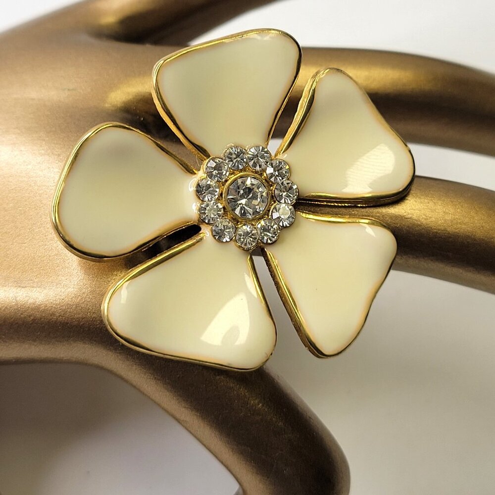 White Enamelled Flower Ring with Crystals- Adjustable Band